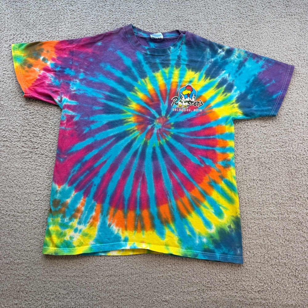 Vintage Roosters Columbus Ohio Tie Dye T-Shirt Mens L Y2K Rainbow Spiral